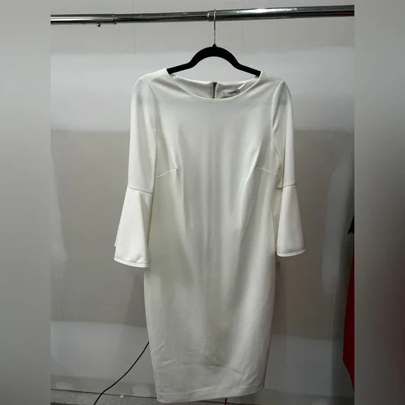 chinese dress ladies Calvin Klein Womens White Stretch Ruffled Zippered Lined Long Sleeve Above  The Knee Party Sheath Dress Petites 8P at Amazon Women's Clothing store